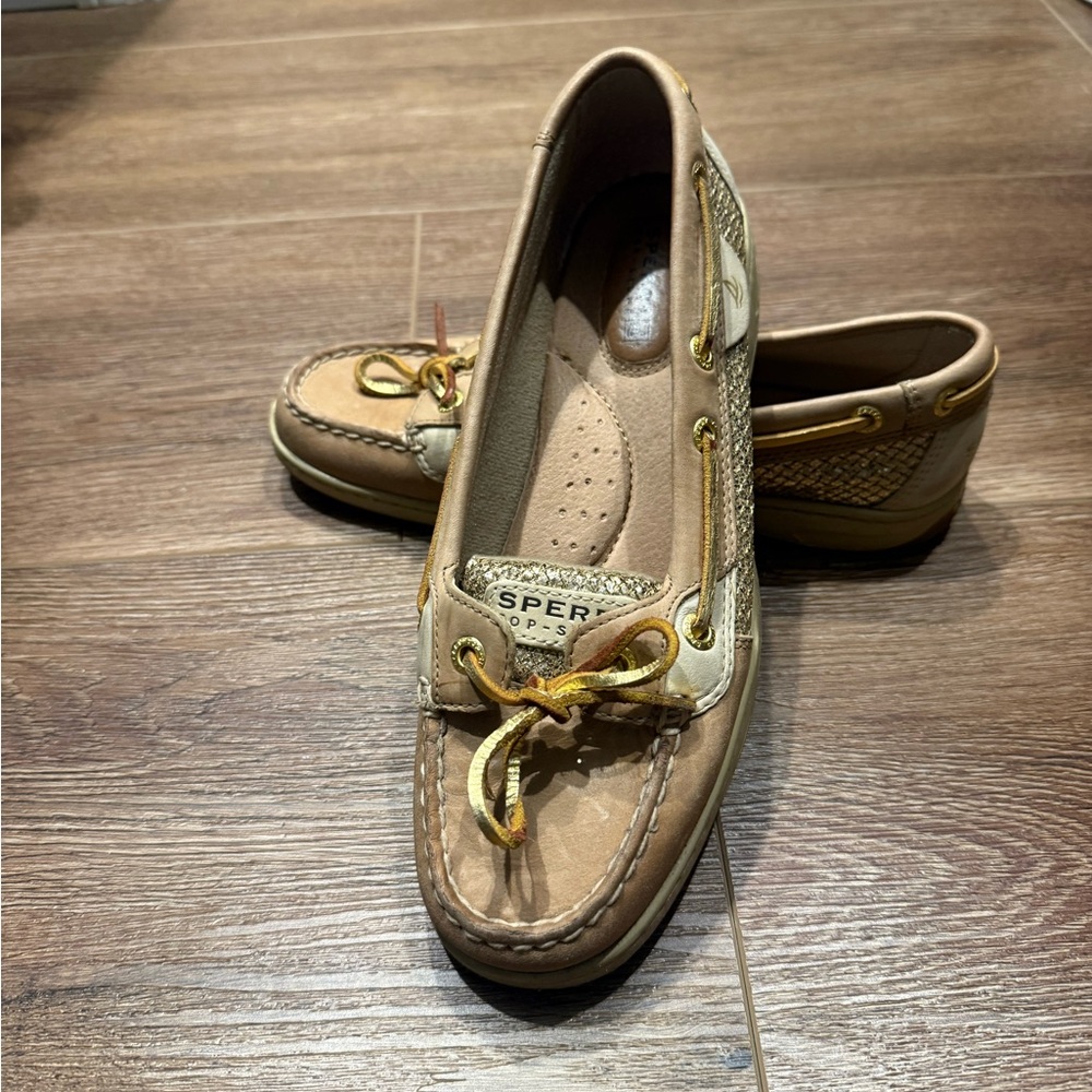 Sperry Tan Flats with Moccasin Stitching and Gold Accents